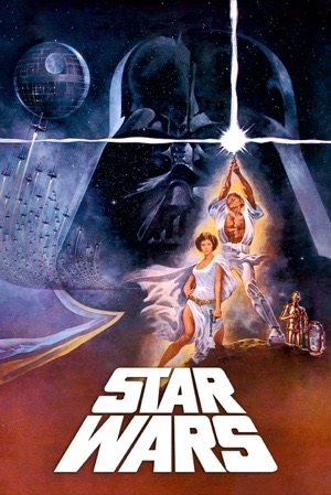 Painted in the classic style: Luke holding a lightsaber aloft, Leia beside him, Vader's helmet filling the sky.