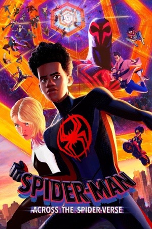 An animated figure in a black and red suit ahead of dozens of others across an orange sky.