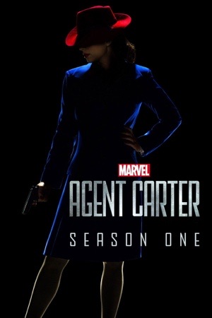 Hayley Atwell in a red hat and blue coat, silhouetted, holding a pistol against black.