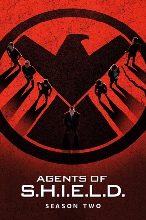 The S.H.I.E.L.D. eagle emblem in black on deep red, the cast small against it.