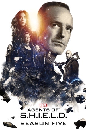 Clark Gregg's face large on the left, the team small in swirling blue debris beside him.