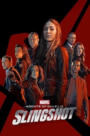 A red-jacketed woman ahead of the S.H.I.E.L.D. team against a black and red slash.