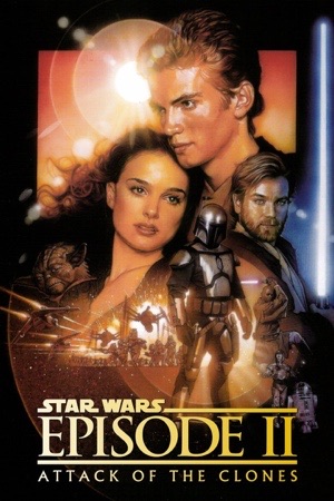 Anakin and Padmé embracing at the centre, Obi-Wan and a clone army arranged behind.