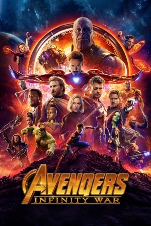Thanos's gauntleted fist across the top, the whole Avengers cast arranged in an arc beneath it.