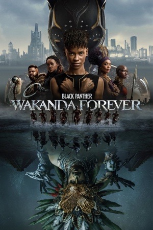 The Black Panther mask carved in stone above a Wakandan skyline, with the cast in silhouette below.