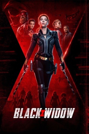 Scarlett Johansson in a white tactical suit, arms crossed, red silhouettes of the family behind her.