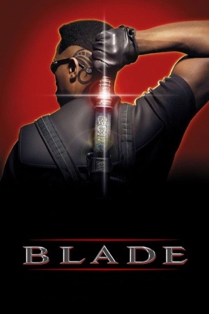 A man in dark glasses reaching over his shoulder to draw a glowing sword, on deep red.