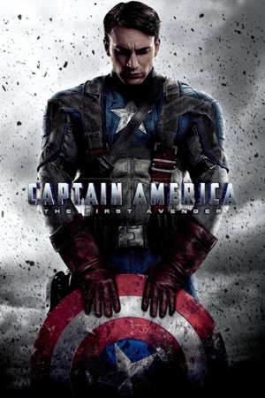 Chris Evans in the wartime Captain America uniform, shield raised, amid flying debris.