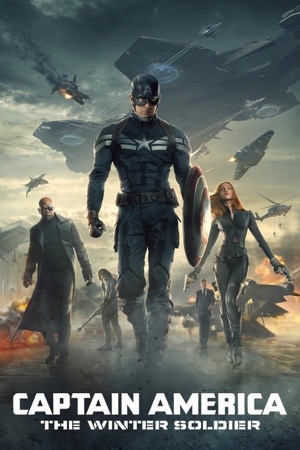 Captain America and the masked Winter Soldier facing each other across a grey helicarrier skyline.