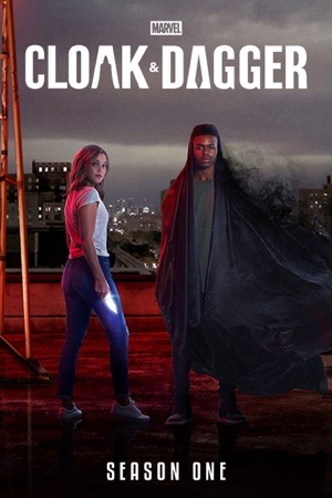 A young woman holding a blade of light beside a young man wrapped in a dark cloak, on a rooftop.
