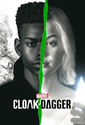 Two faces split down the middle by a jagged green line, one in smoke and one in light.