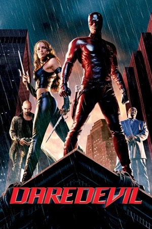 A figure in dark red leather on a rooftop in the rain, three others ranged below.