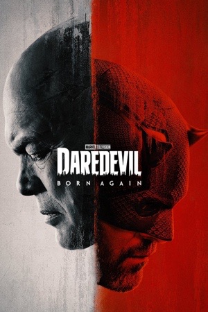 Two faces split down the middle, Kingpin in grey on one side and Daredevil in red on the other.