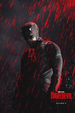 A horned figure in dark red armour in the rain, streaks of red light falling around him.
