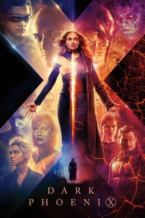 Sophie Turner surrounded by fire and gold light, the rest of the team in the flames around her.
