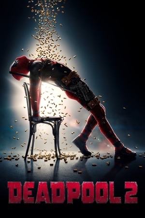 Deadpool posed on a wooden chair in a scatter of falling gold sparks, parodying Flashdance.