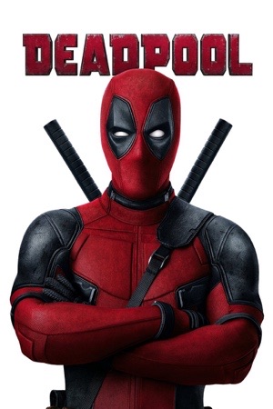 Deadpool sitting cross-legged in his red suit with arms folded, on plain white, swords on his back.