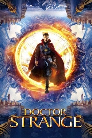 Benedict Cumberbatch in the red cloak standing inside a folding, kaleidoscopic city.