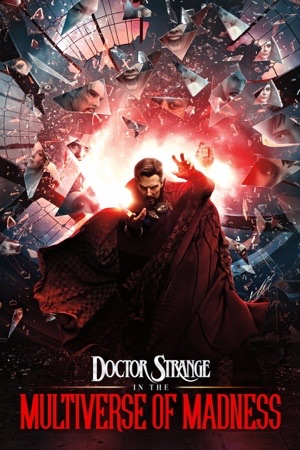 Doctor Strange in a red cloak against a cracked mirror of himself, the Scarlet Witch in flames below.