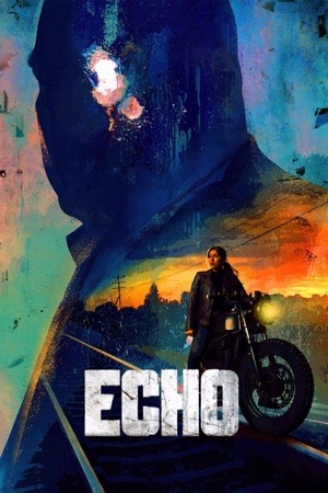 Alaqua Cox in blue light beside a motorcycle, a large hooded figure looming behind her.