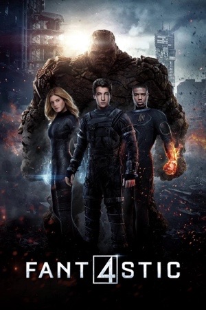 Four figures in dark suits in front of a huge rock creature, ruins smoking behind.
