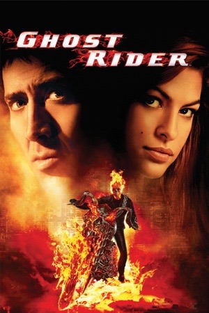 A flaming skeleton on a burning motorcycle below two faces in close-up.