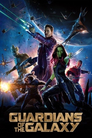 The five Guardians walking forward in a line, Star-Lord in his red coat leading, a raccoon and a tree beside him.
