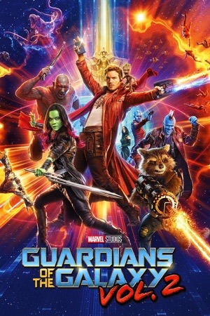 The Guardians in bright orange and blue, Baby Groot at the front, Gamora and Nebula behind.