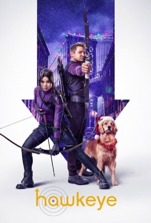 Jeremy Renner with a bow and Hailee Steinfeld beside him, a golden retriever at their feet, purple neon behind.