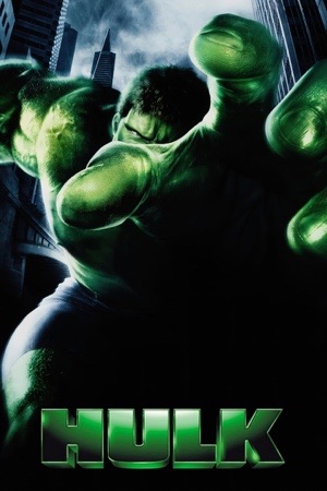 A huge green figure filling the frame between city buildings, fists clenched.