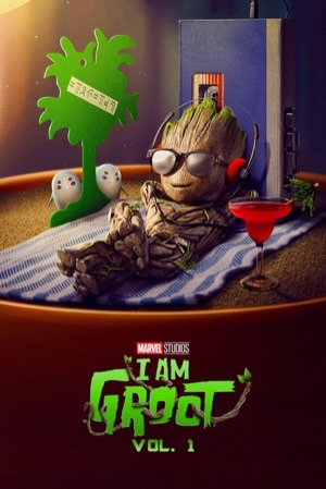 Baby Groot lounging in a tiny lounge chair beside a small palm tree.
