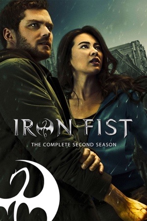 Finn Jones and Jessica Henwick standing in a neon-lit street, a white dragon emblem below.