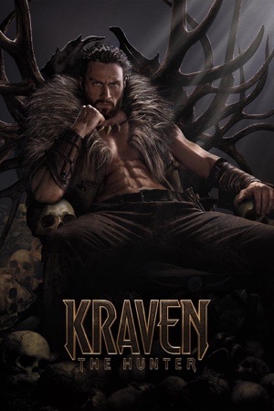 A bare-chested man in a fur cloak sitting on a throne of branches and skulls.
