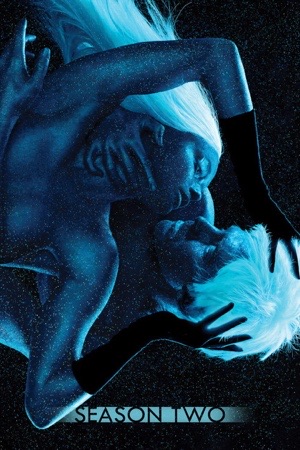Two glowing blue figures with white hair entwined against a starfield.