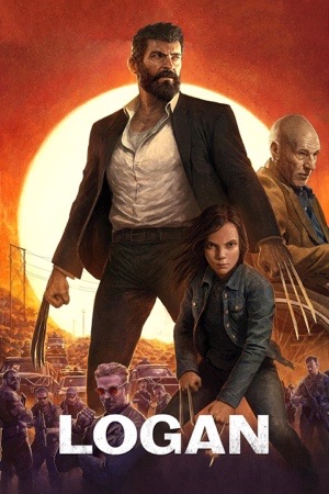 An older Hugh Jackman holding a young girl's hand, both in silhouette against a low orange sun.