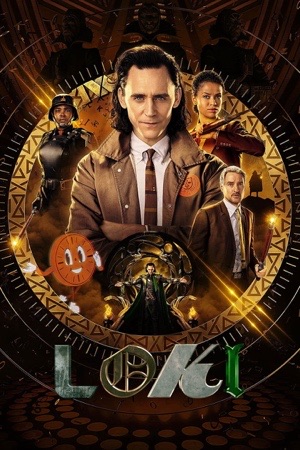 Tom Hiddleston in a brown TVA jacket surrounded by clock faces and floating objects.