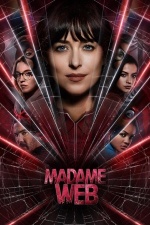 A woman's face at the centre of a red web, five smaller faces around her.