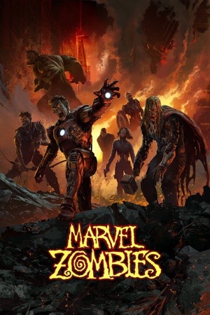 Zombified heroes lurching through orange fire in a painted comic style.