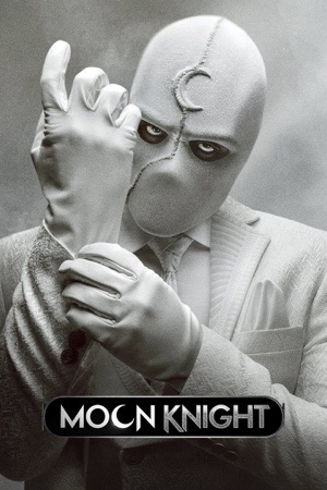 Oscar Isaac in a white suit and a cracked white mask, in black and white with a crescent moon.