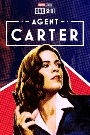 Peggy Carter in blue and red halftone, looking up and away, one hand at her collar.