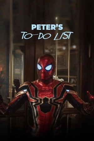 Spider-Man in the red and gold suit, lenses glowing white, arms spread in a dim room.
