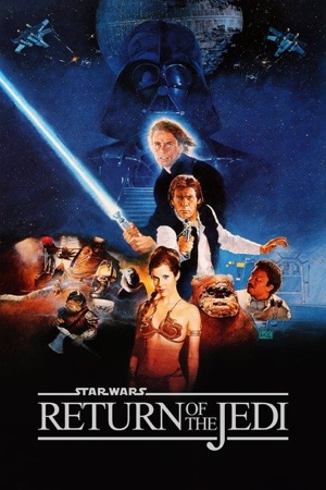 Luke with a green lightsaber raised, the cast and Jabba's court painted around him.