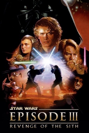 Anakin and Obi-Wan crossing blue lightsabers, Darth Vader's helmet forming above them.