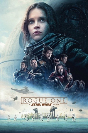 Felicity Jones in a hood at the centre, the half-built Death Star and Vader behind her.