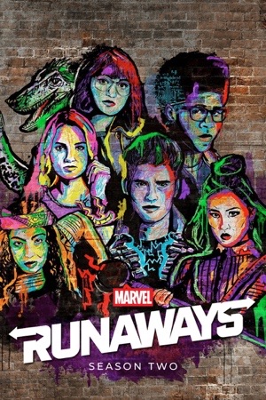 Six teenagers and a raptor drawn as bright graffiti on a brick wall.
