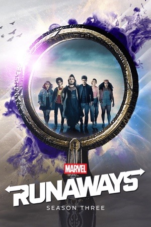 Six figures standing inside a huge golden ring, purple smoke pouring around it.
