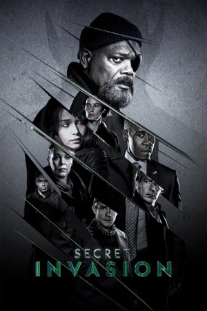 Samuel L. Jackson's face large in cold grey, the cast in fragments across it.