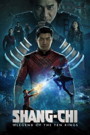 Simu Liu mid-kick with glowing rings on both arms, a dragon curling through the background.