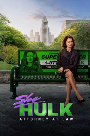 Tatiana Maslany in a suit on a park bench, a green She-Hulk on the advertising board behind her.