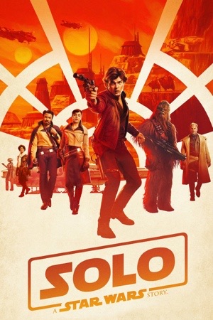 The crew in bold orange and red, Han at the front, the Millennium Falcon behind.
